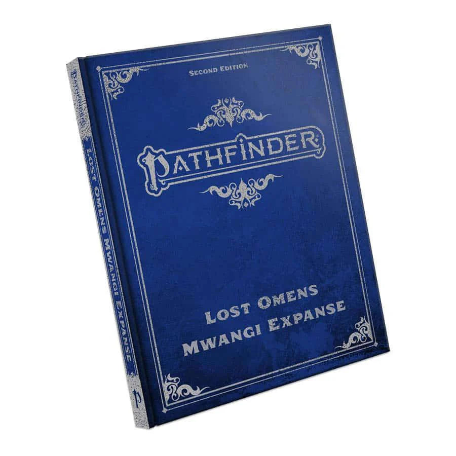 Pathfinder 2E: Lost Omens the Mwangi Expanse Special Edition, blue hardcover with silver designs.
