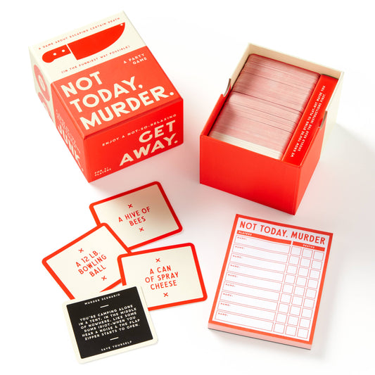 Brass Monkey Not Today, Murder Game with red-bordered cards, scorecard, and box shown.