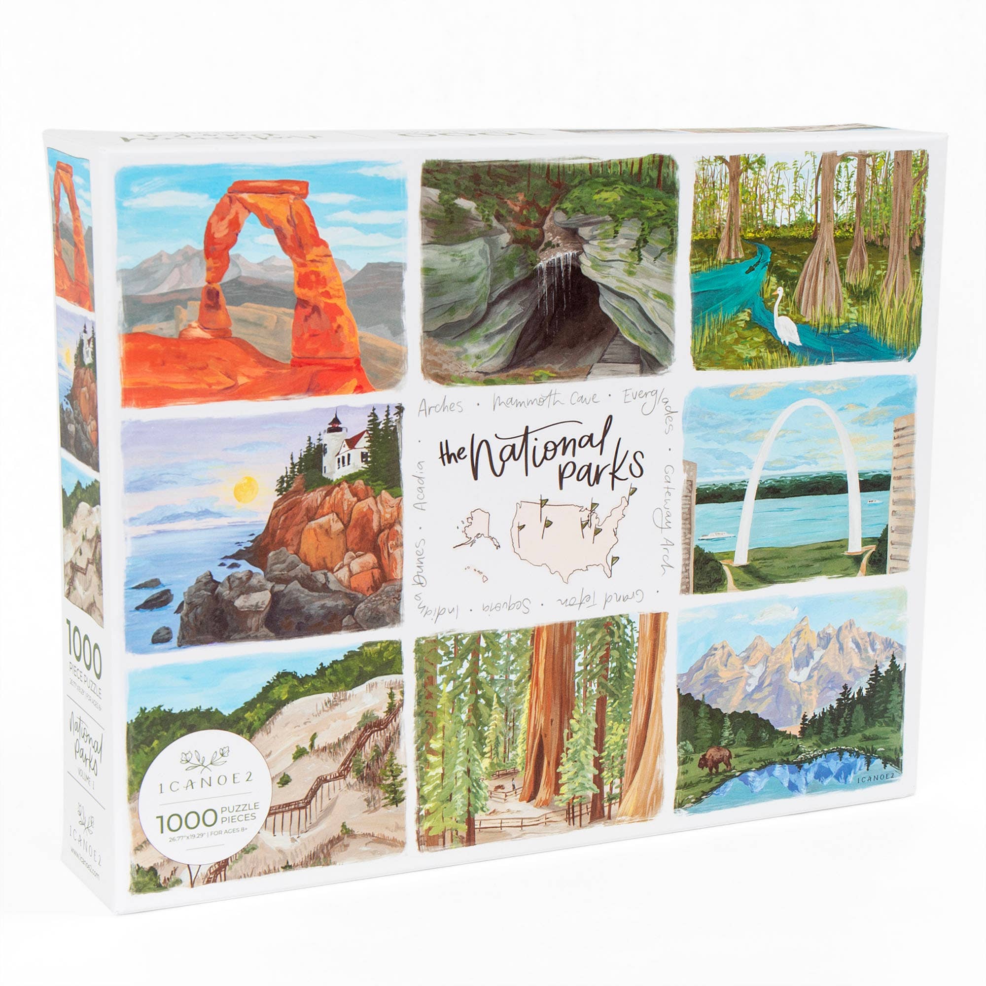 The National Parks 1,000 Piece Jigsaw Puzzle featuring hand-painted US parks and natural landmarks.