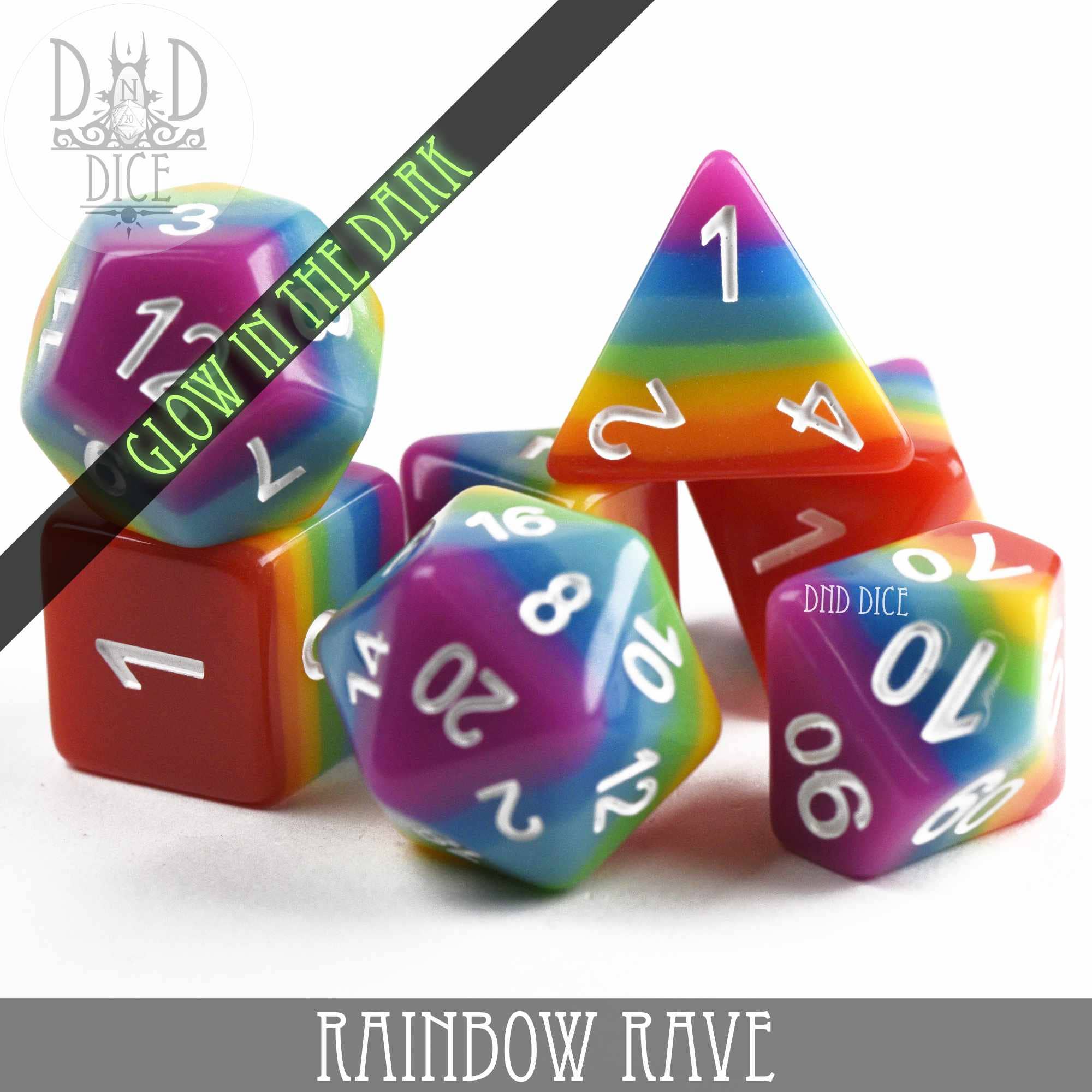 Rainbow Rave (Glow) 7-dice set with rainbow stripes, white numbers, and glow-in-the-dark features.