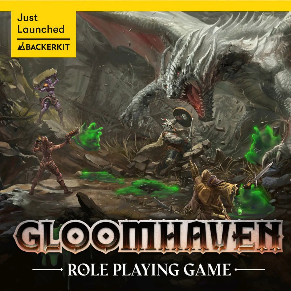 Gloomhaven RPG Core Rulebook cover showing three warriors fighting a white dragon with green magic.