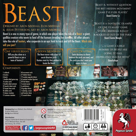 Beast board game box back showing components, hidden movement details, game description, and player setup images.