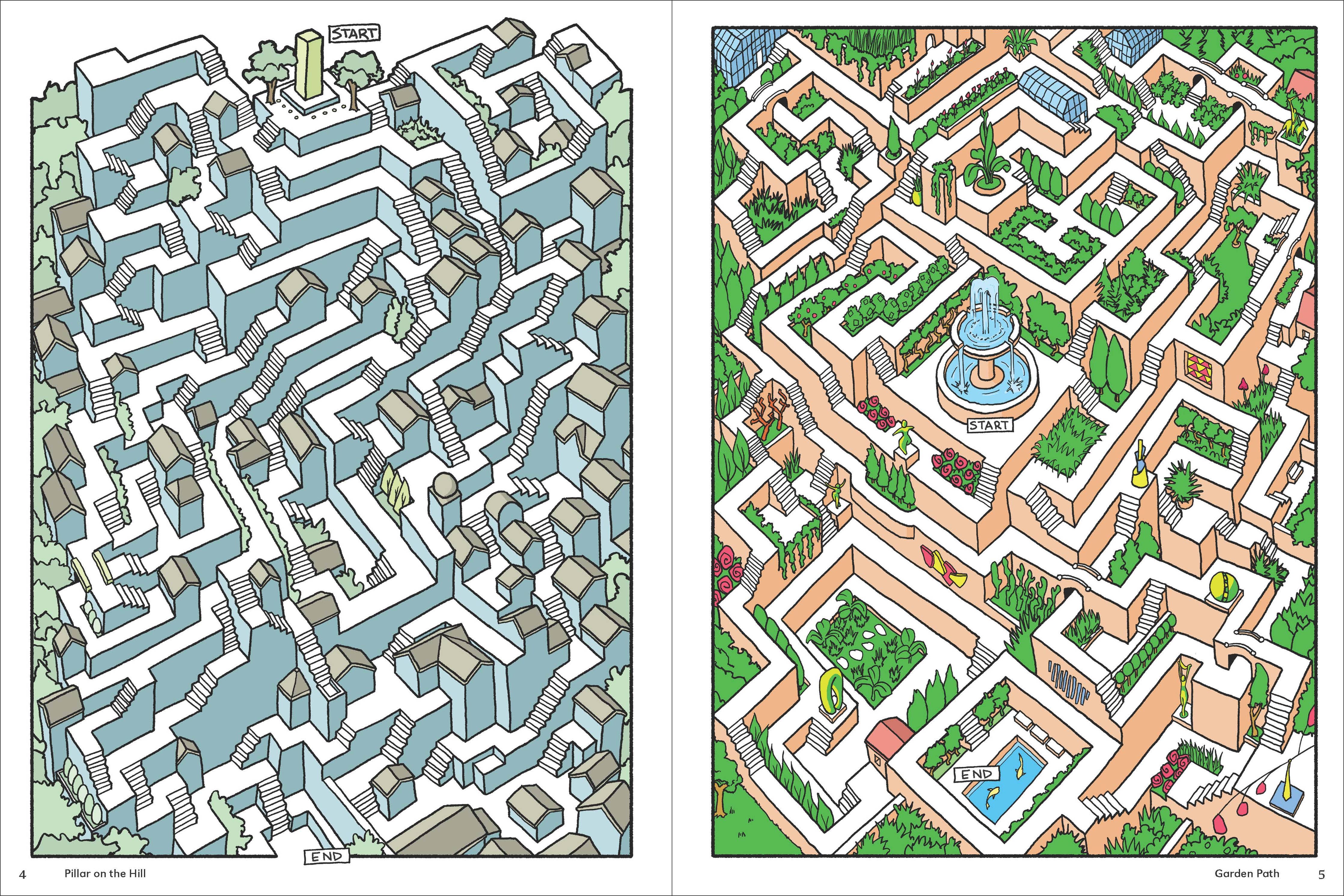 From Here to There maze set with blue staircases and fountain garden variants.
