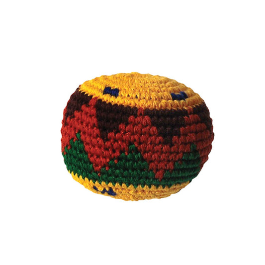 Crocheted Footbag-hacky sack with yellow, red, green, and brown zigzag patterns, filled with recycled pellets.