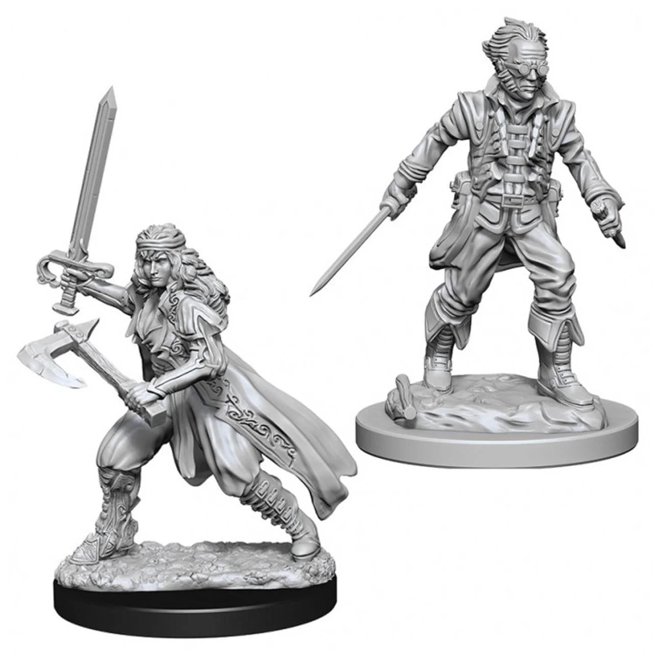 Two unpainted D&D NMU Vampire Hunters W8 miniatures: one with sword/axe, one with sword/goggles.