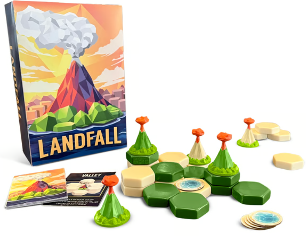 Landfall: Base Game box with volcano tiles, cards, and hexagonal tokens.