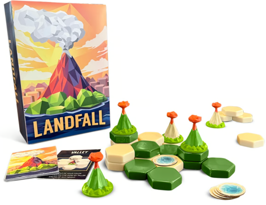 Landfall: Base Game box with volcano tiles, cards, and hexagonal tokens.