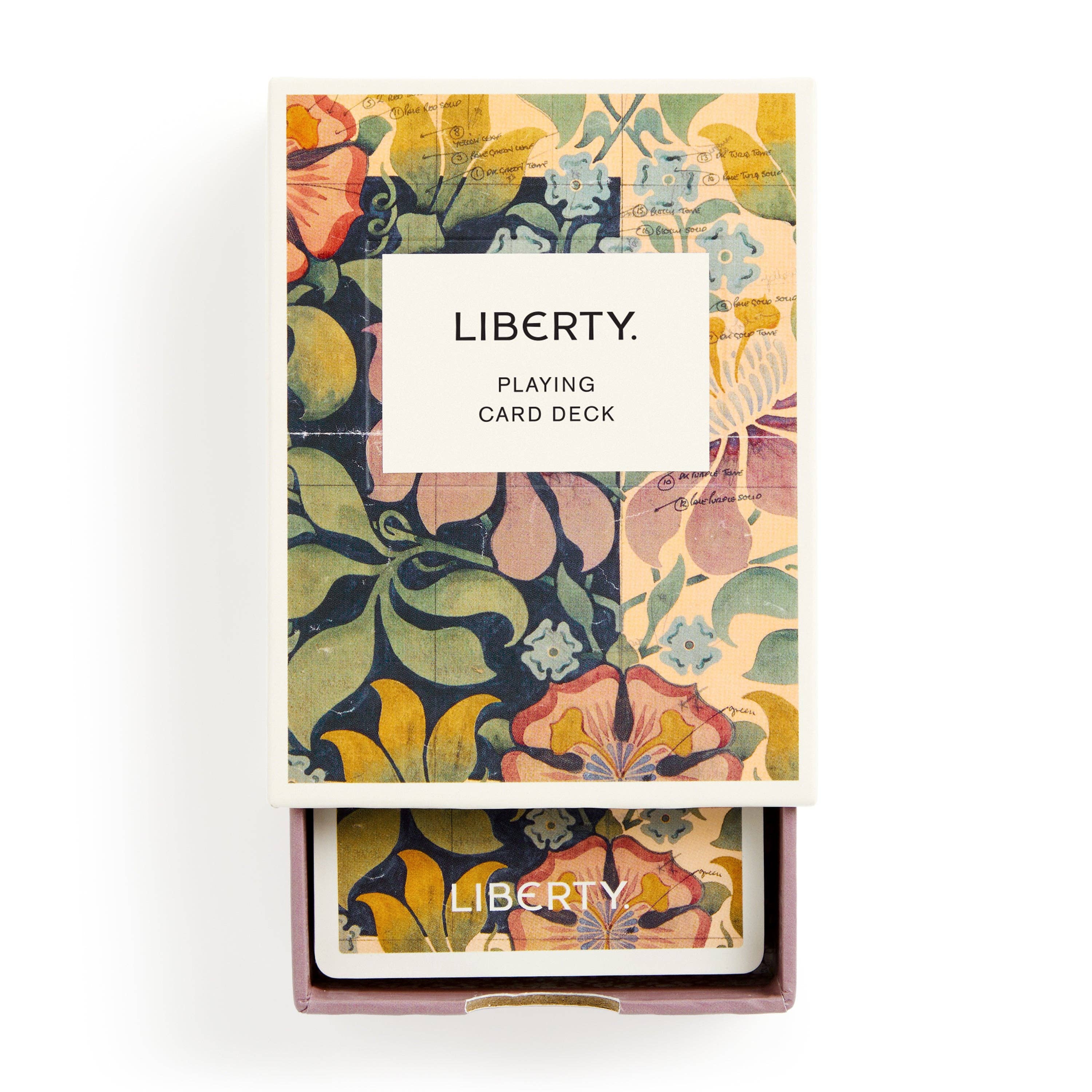 Liberty Archive Playing Card Deck box open with floral-themed collectible cards visible inside.