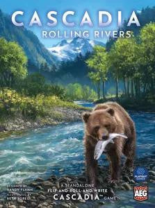 Cascadia: Rolling Rivers featuring a bear catching a fish in a river with mountains, inspired by Pacific Northwest wildlife.