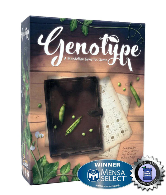Genotype board game with pea pod theme, displaying Mensa Select and Seal of Approval awards on the box.