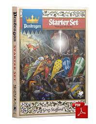 Pendragon Starter Set box featuring knights with shields in a medieval RPG battle scene.