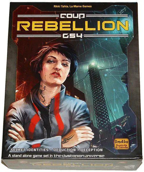 Coup: Rebellion G54 game box with a woman in futuristic clothing and a tall structure in the background.