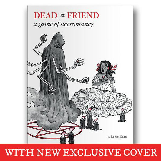 Dead Friend: A Game of Necromancy tabletop RPG featuring a ghost and a woman meeting by candlelight.