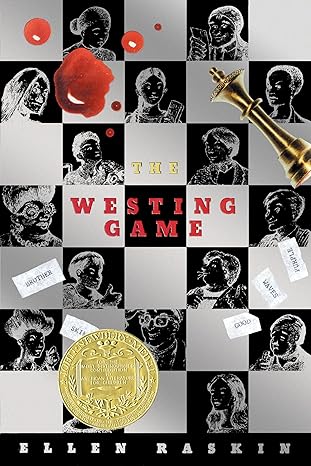 The Westing Game Anniversary Edition cover with chessboard pattern, character sketches, and gold Newbery Medal seal.