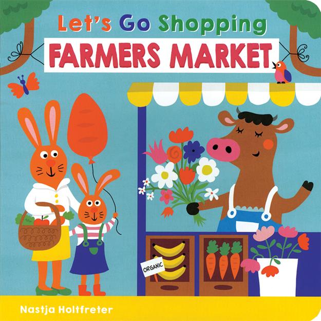 Rabbits buy flowers, bananas, and carrots from a cow vendor at a farmers market.