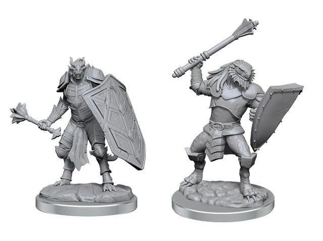 Two D&D: NMU: Dragon Clerics W18 miniatures holding shields and maces on rocky bases.