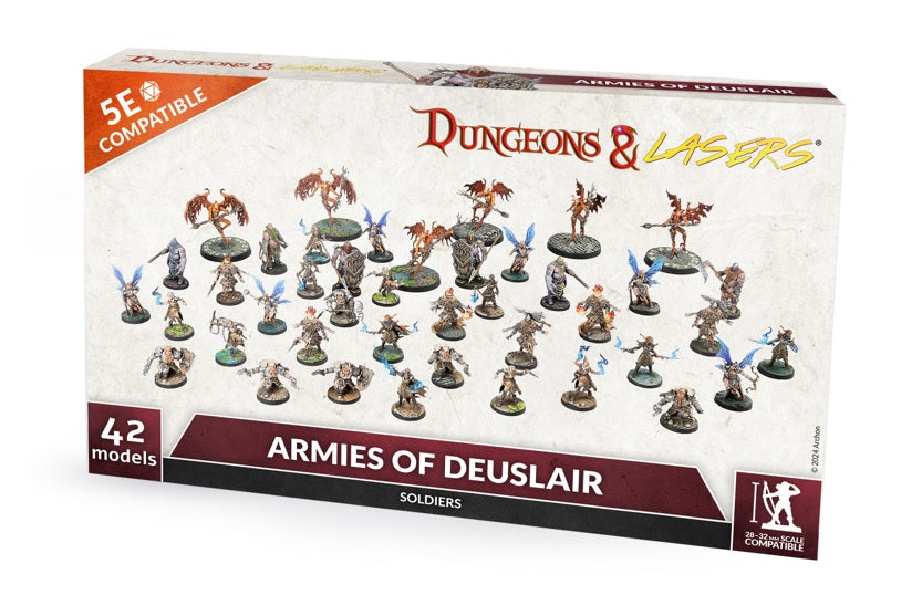 Dungeons & Lasers: Armies of Delusair miniatures set, 42 unique 5E-compatible minis with scenic bases and factions.