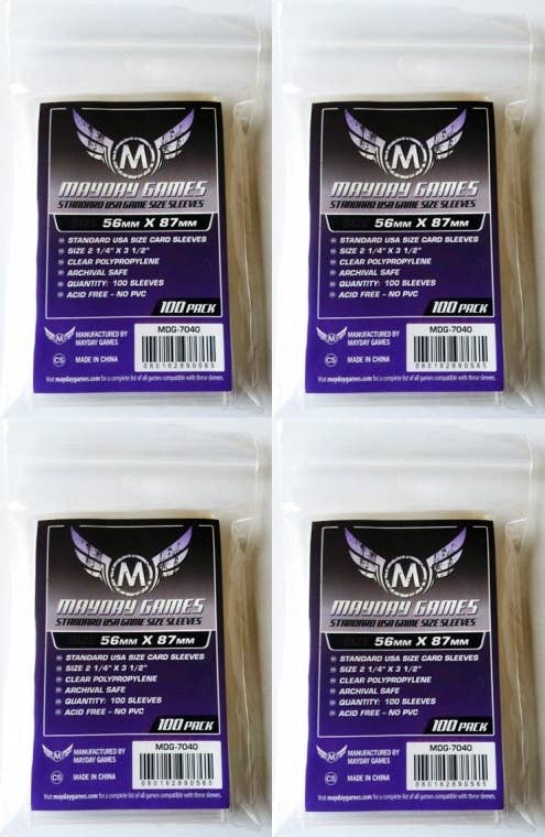 Four packs of Mayday Games Standard USA Game Size Sleeves, 56x87mm, 100 sleeves per pack.
