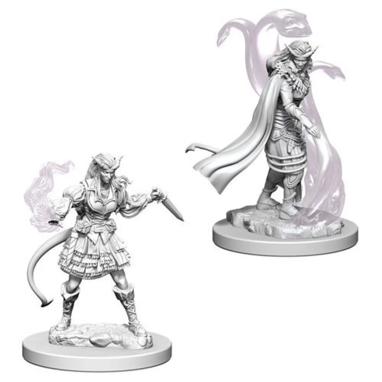 Two D&D Tiefling Female Sorcerer miniatures: one with curved sword, one with cape and magic energy effects.
