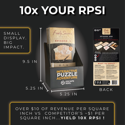 Family Secrets escape game puzzle booklets in a display box with size labels.