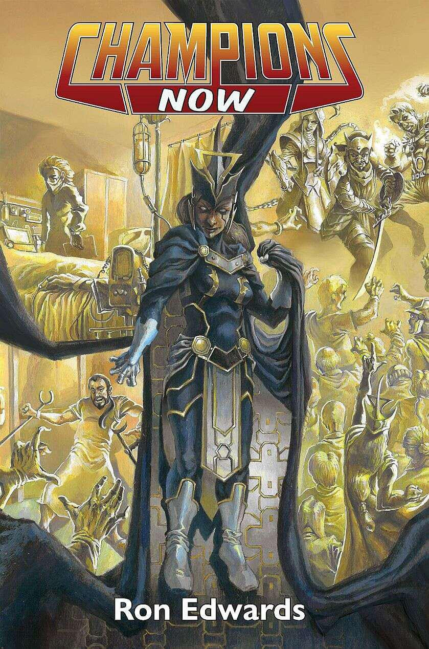 Champions Now game cover featuring a caped armored figure amid chaotic surroundings.