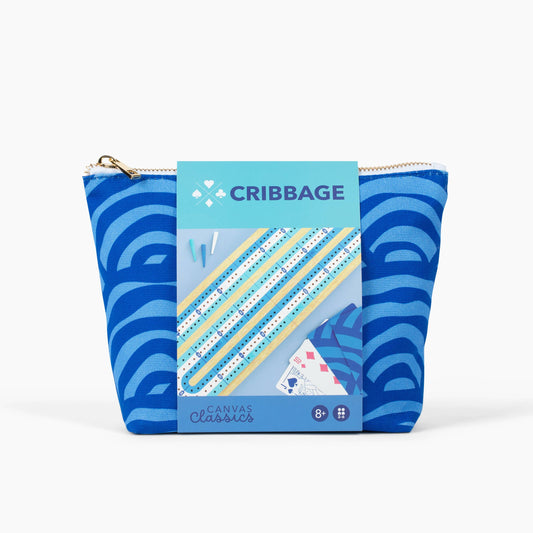 Canvas Classics Cribbage set with blue wave-pattern pouch, portable board, pegs, and cards included.