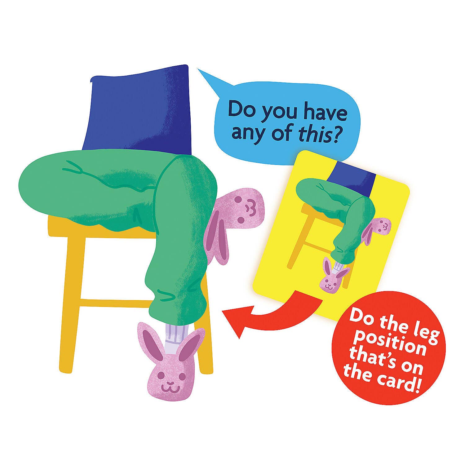 Person demonstrates active sitting using the Legs Crossed card from the game, wearing green pants and bunny slippers.