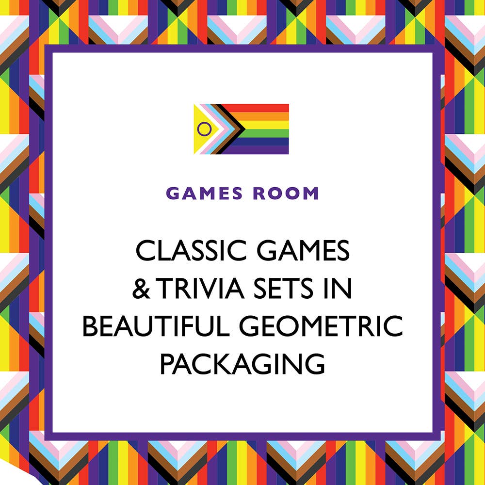 Square sign with geometric rainbow border displaying the text Queer Trivia sets.