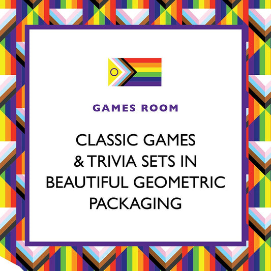 Square sign with geometric rainbow border displaying the text Queer Trivia sets.