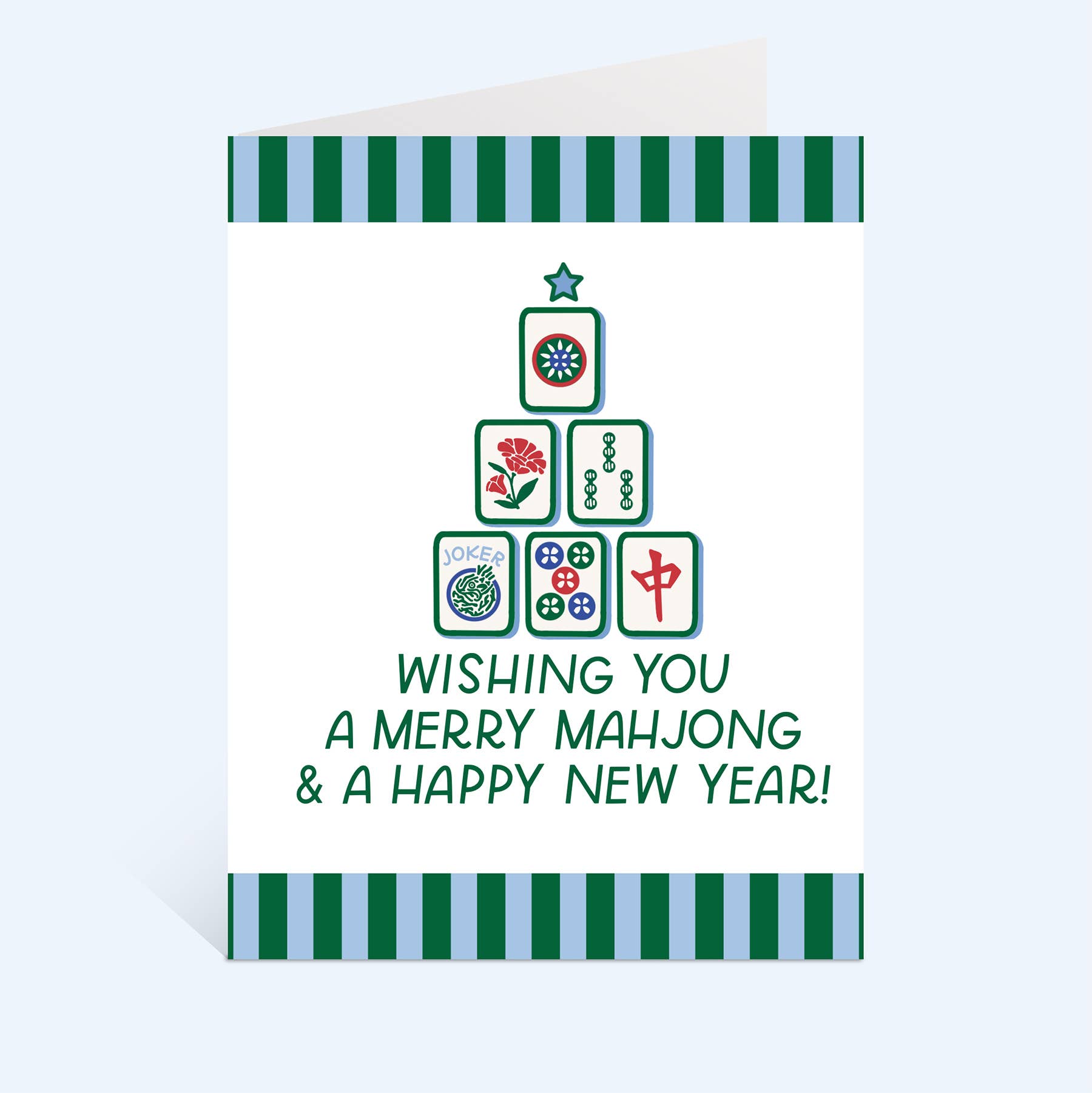 Merry Mahjong & Happy New Year greeting card with a Christmas tree made of mahjong tiles.