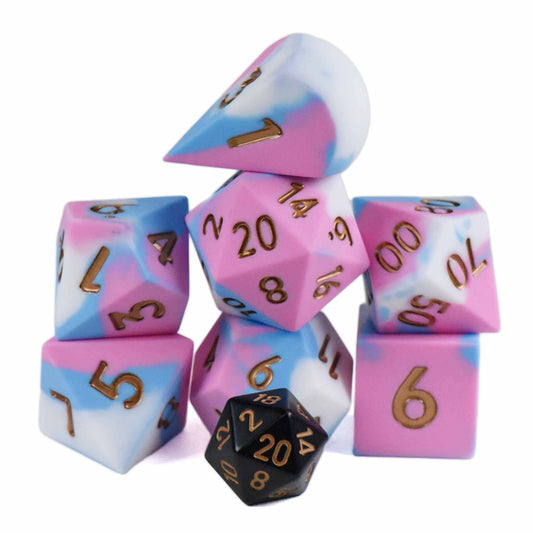 Chonky Bubblegum Oversize Silicone dice set: pink, blue, and white dice with gold numbers, plus one black die.