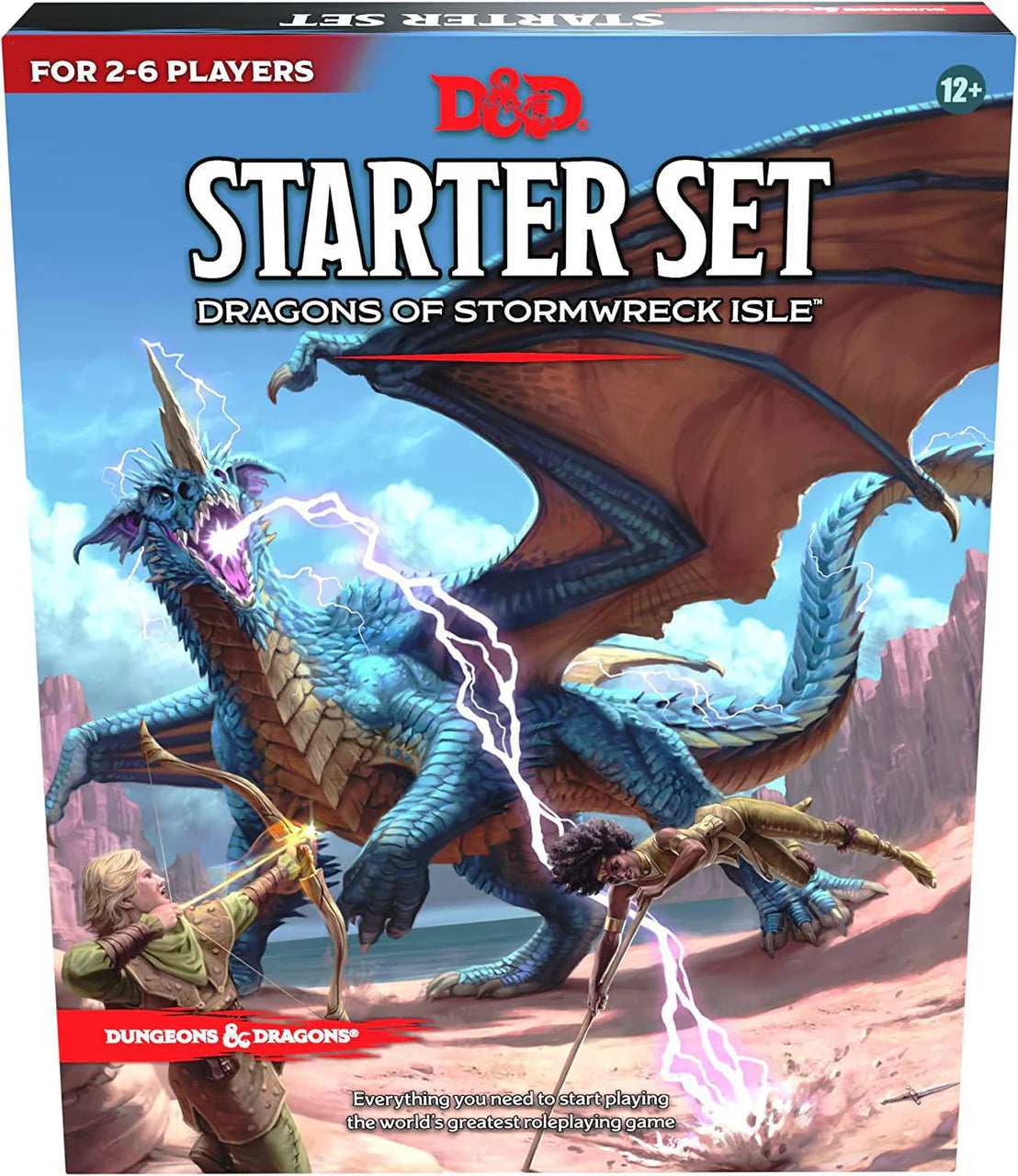 D&D 5E: Dragon of Stormwreck Isle Starter Set (Spanish) with heroes and a blue dragon on the cover.