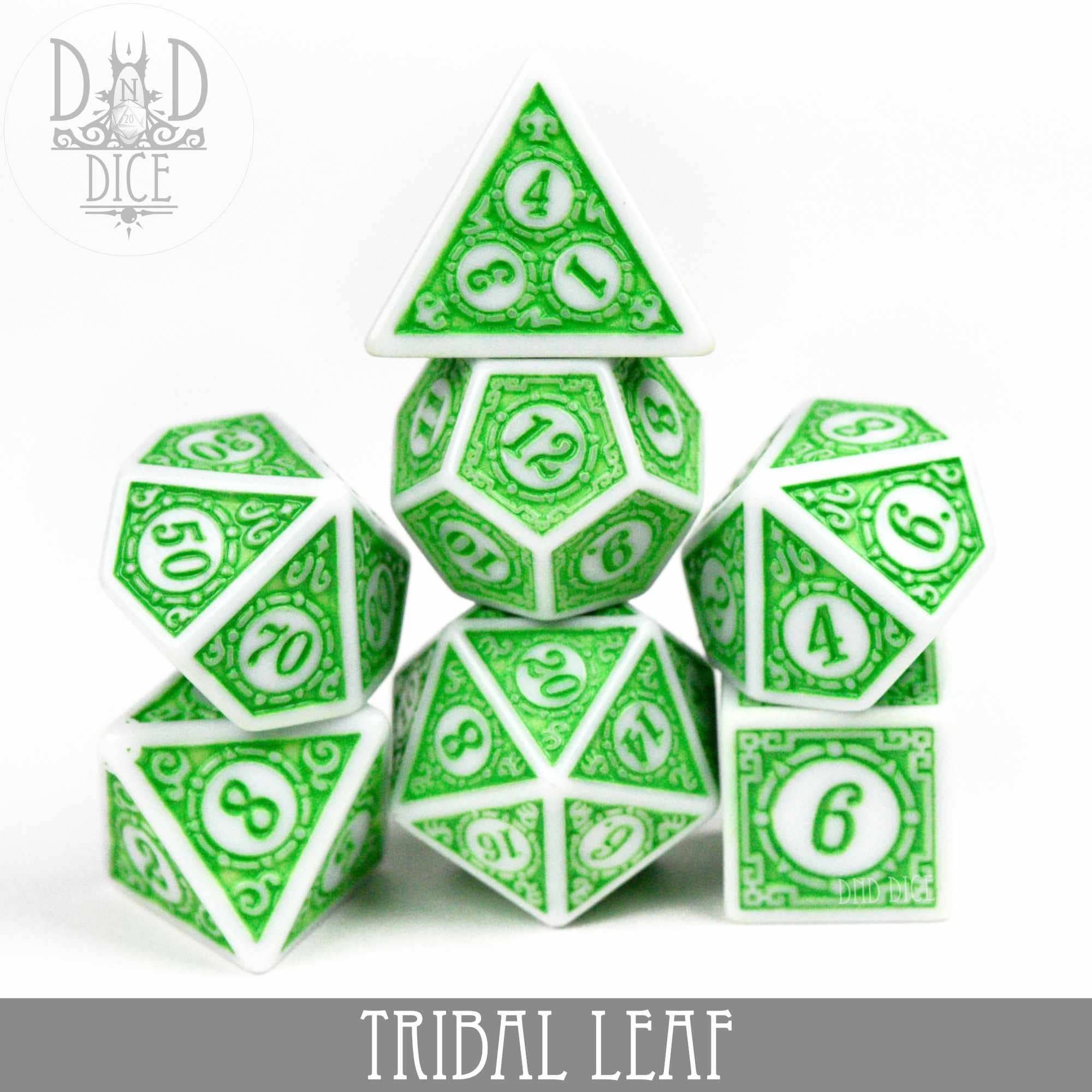 Tribal Leaf 7-piece green and white acrylic dice set with leaf patterns.