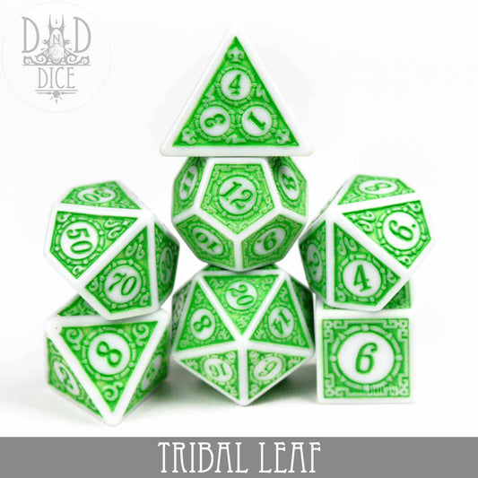 Tribal Leaf 7-piece green and white acrylic dice set with leaf patterns.