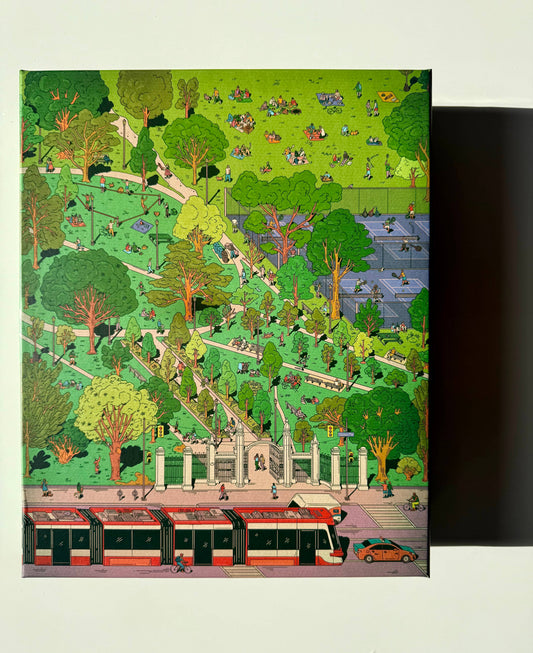 Trinity Bellwoods 1000-piece puzzle for adults with Kathleen Fu’s illustration of the Toronto park on a sunny day.