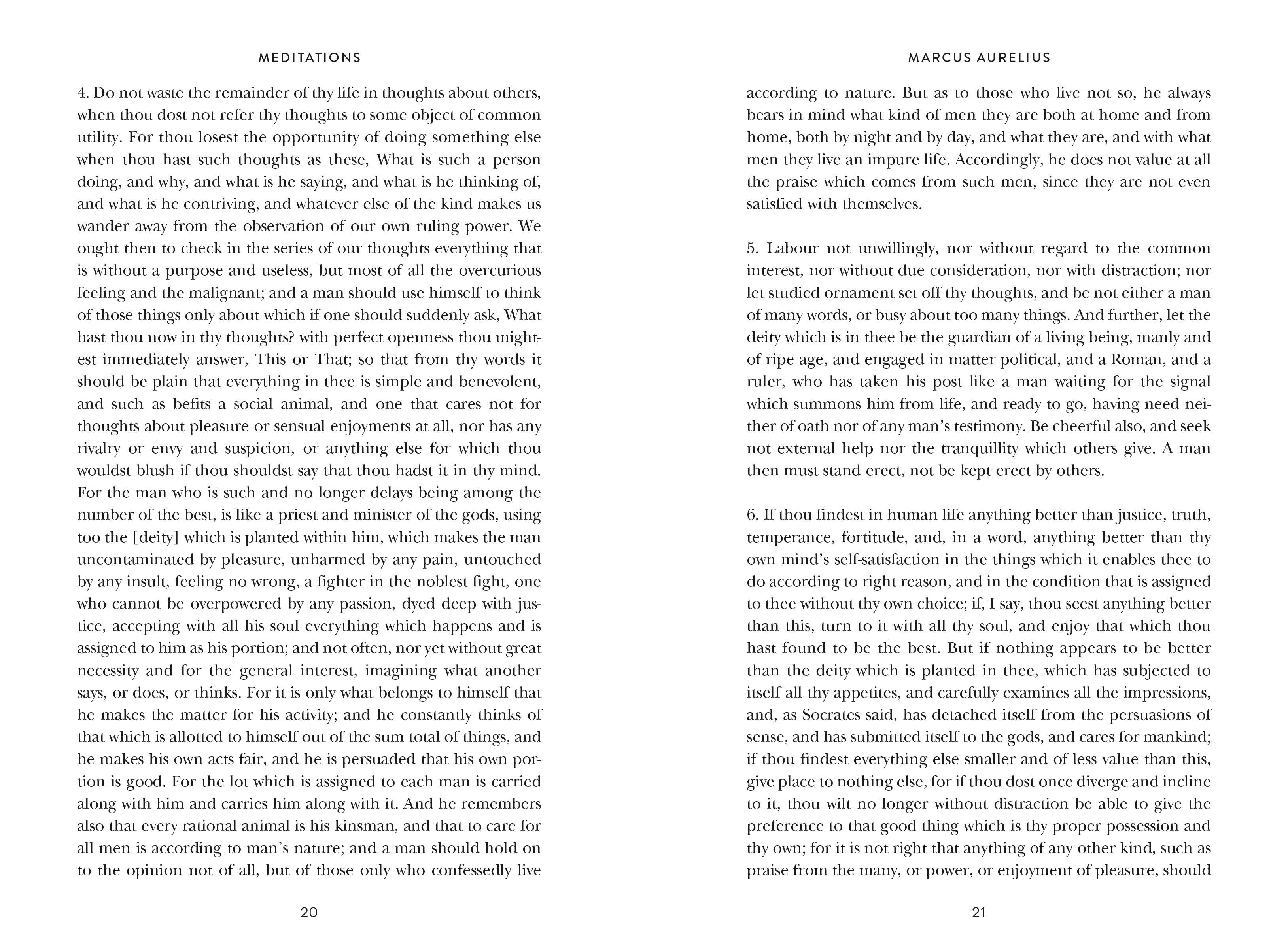 Meditations by Marcus Aurelius, open to two pages of Stoic philosophy text.