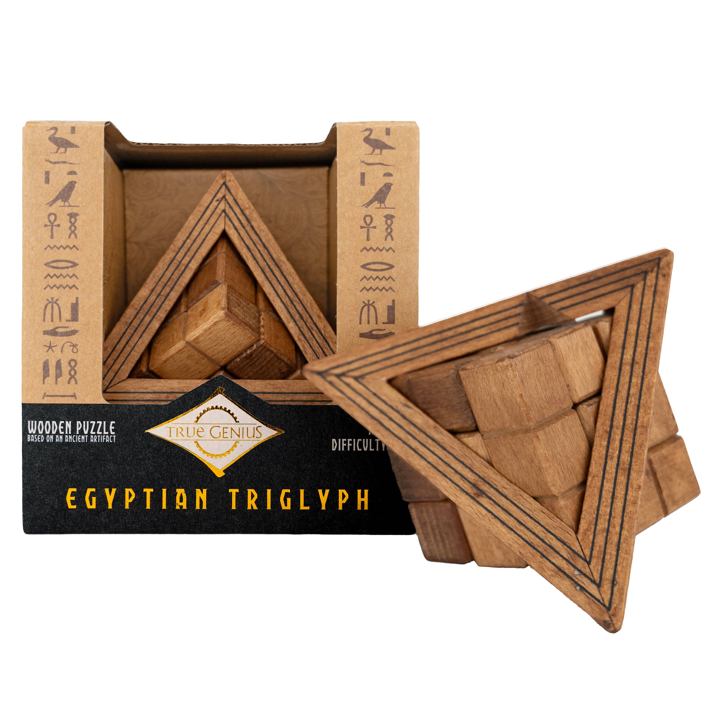 True Genius Egyptian Triglyph Puzzle, triangular box with hieroglyphics.