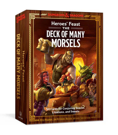 Deck of Many Morsels box with fantasy character art and Dungeons & Dragons recipe cards.