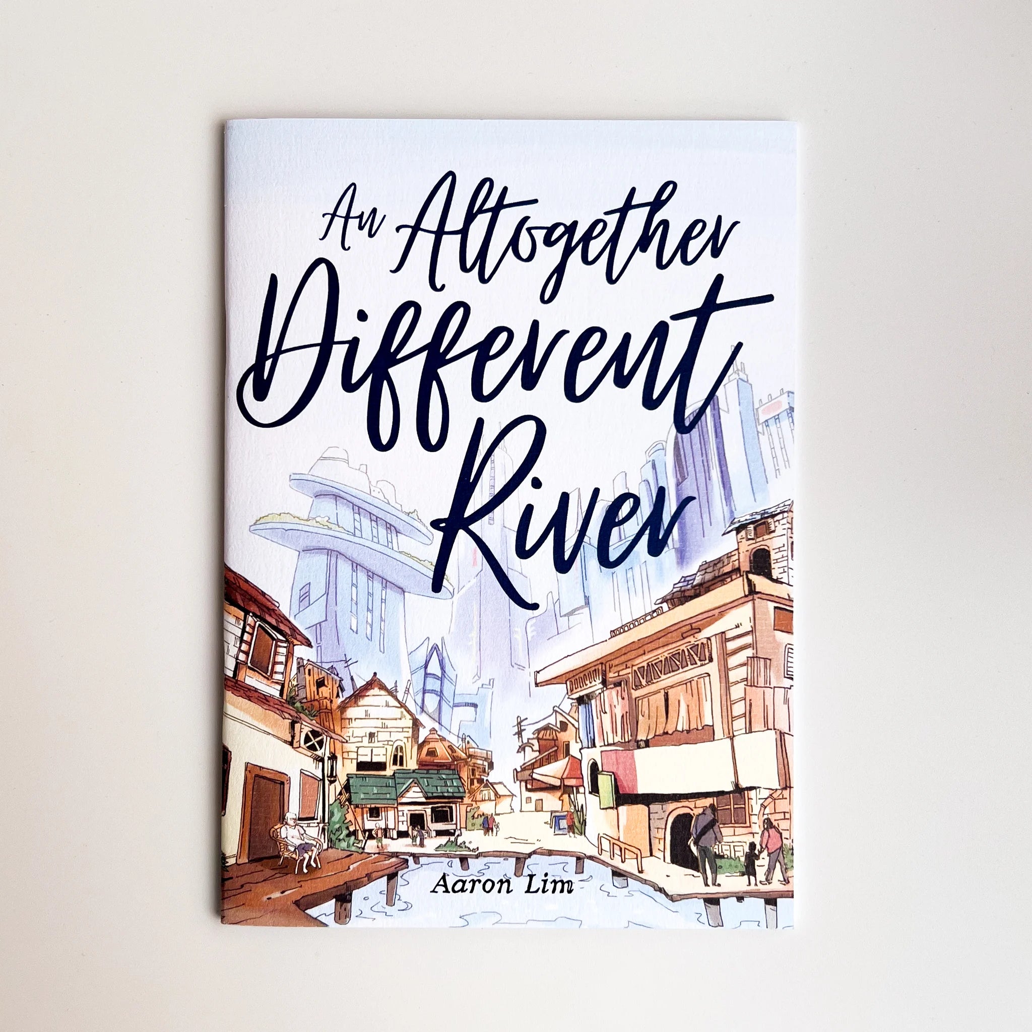 An Altogether Different River book cover for a GM-less RPG, showing city buildings and traditional houses.