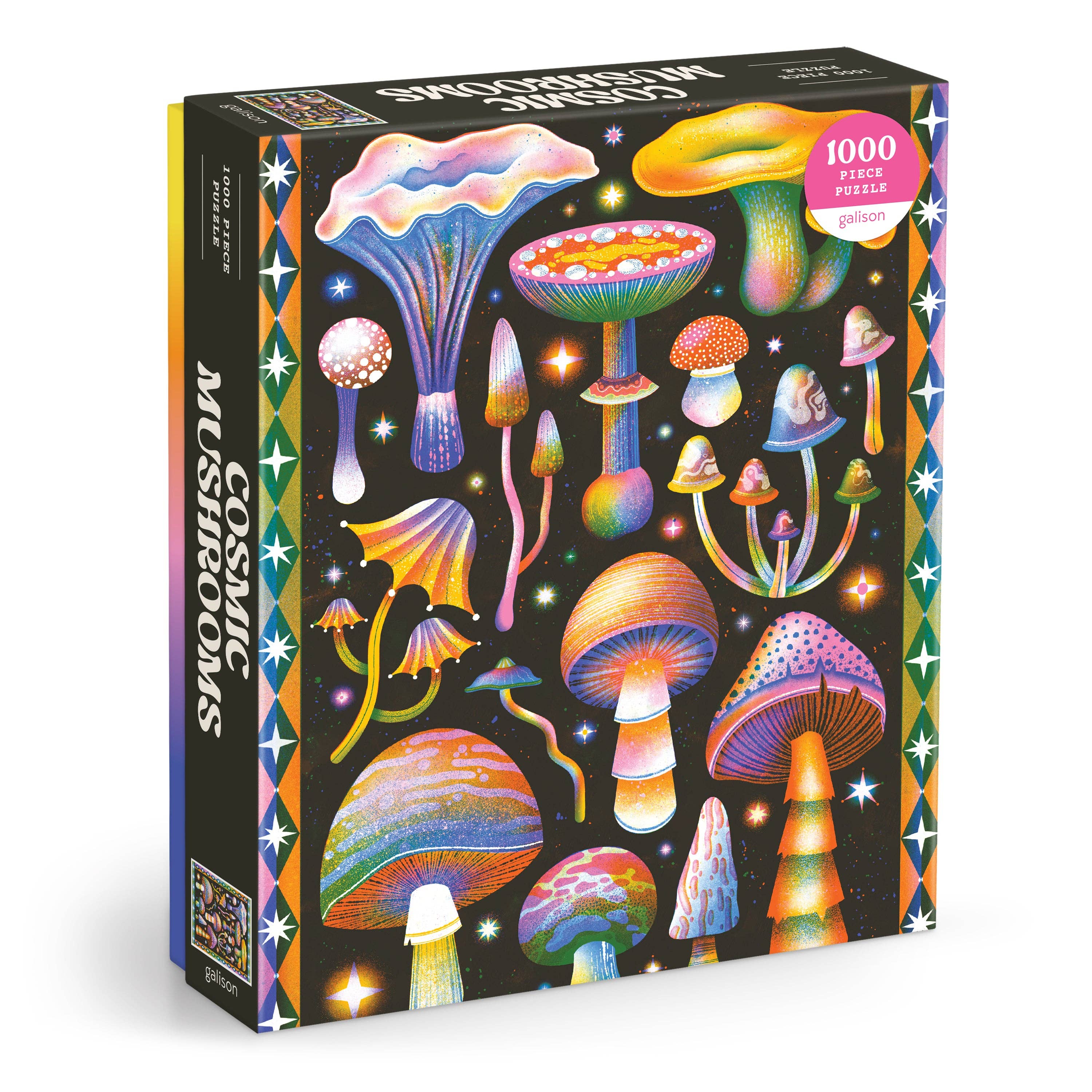 Cosmic Mushrooms 1000 Piece Puzzle featuring psychedelic mushrooms and stars on a black background.