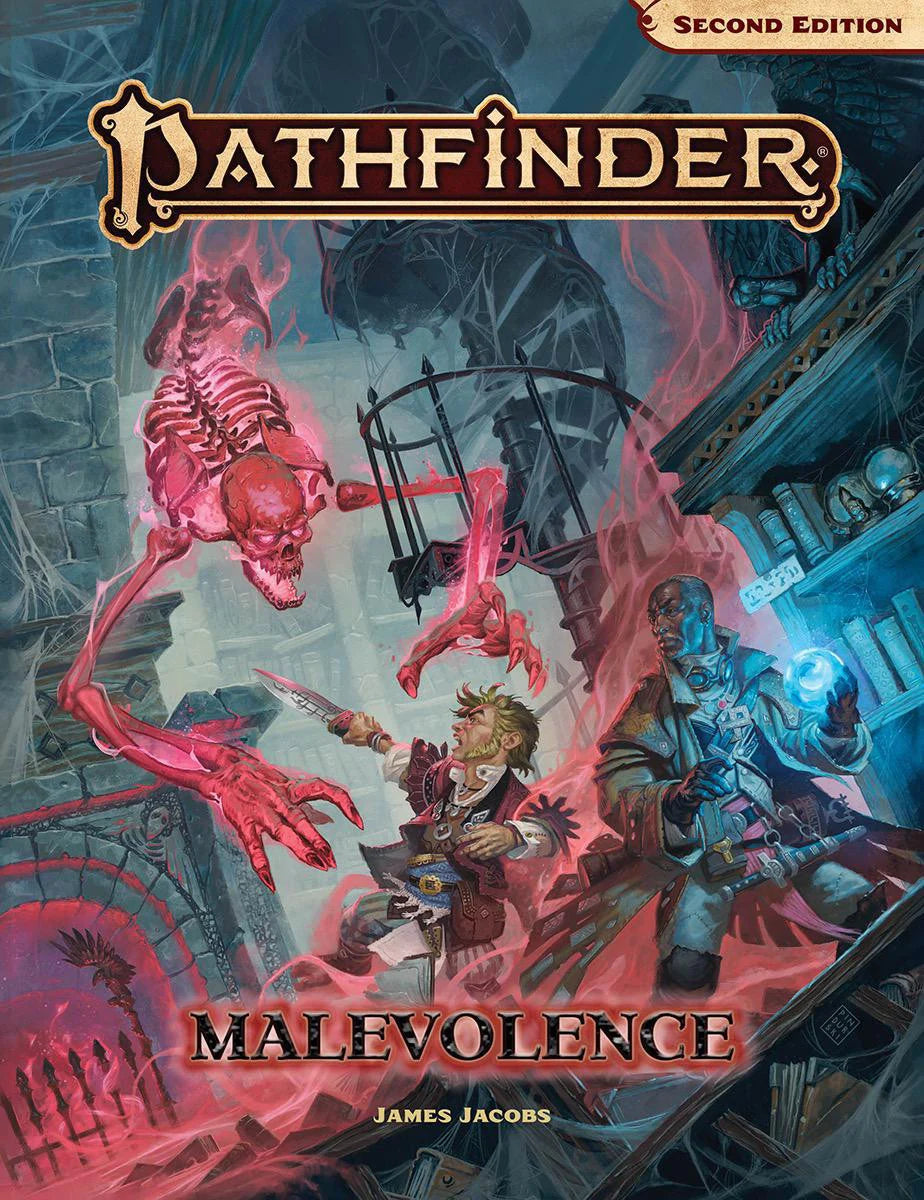 Pathfinder 2nd Edition Adventure: Malevolence, featuring three adventurers confronting a red skeletal ghost.