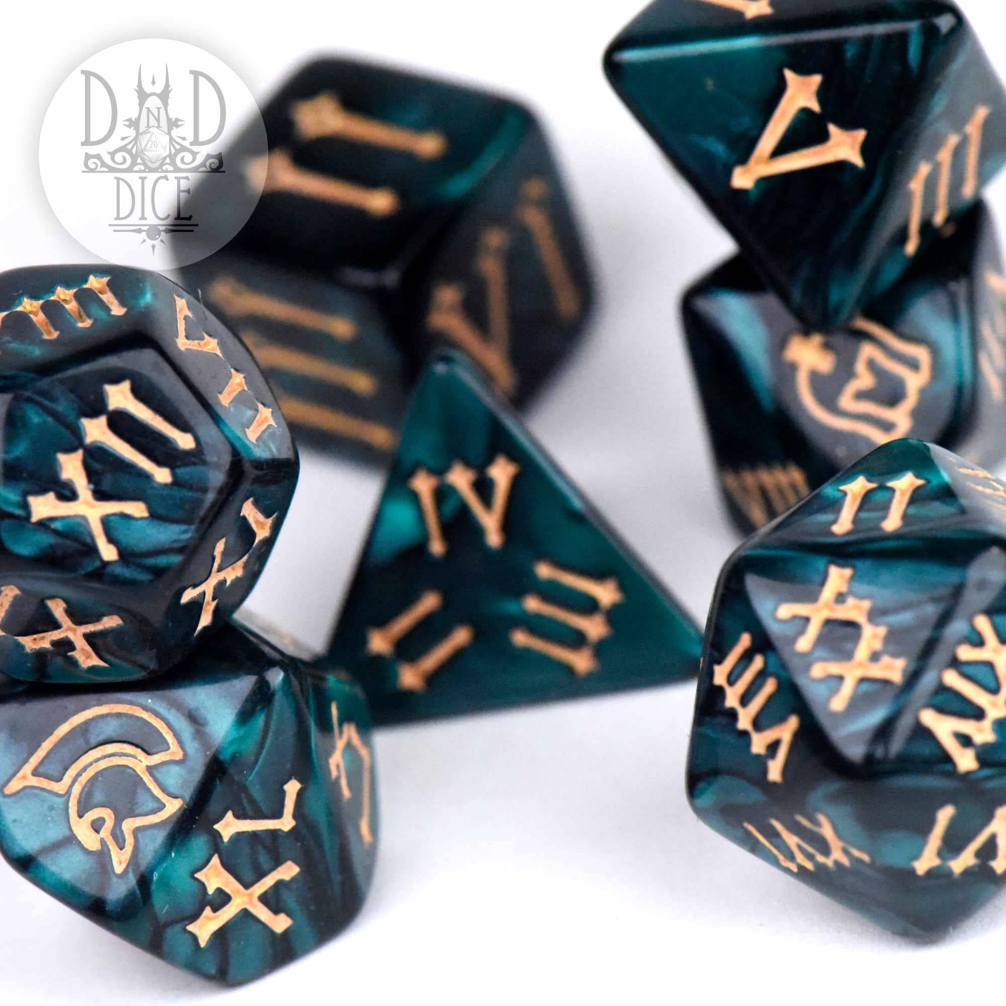 Roman Legion Green polyhedral dice set in dark green resin with gold Roman numerals and symbols.