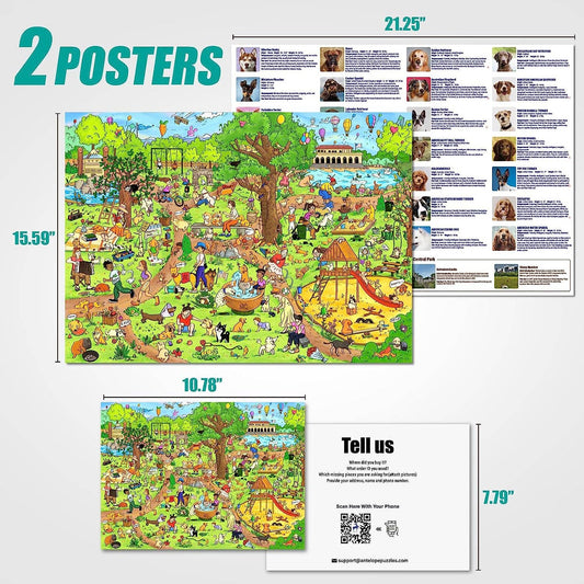 1000-piece jigsaw puzzle for dog lovers with a vibrant dog park scene, titled Dog Park Leisure Time.