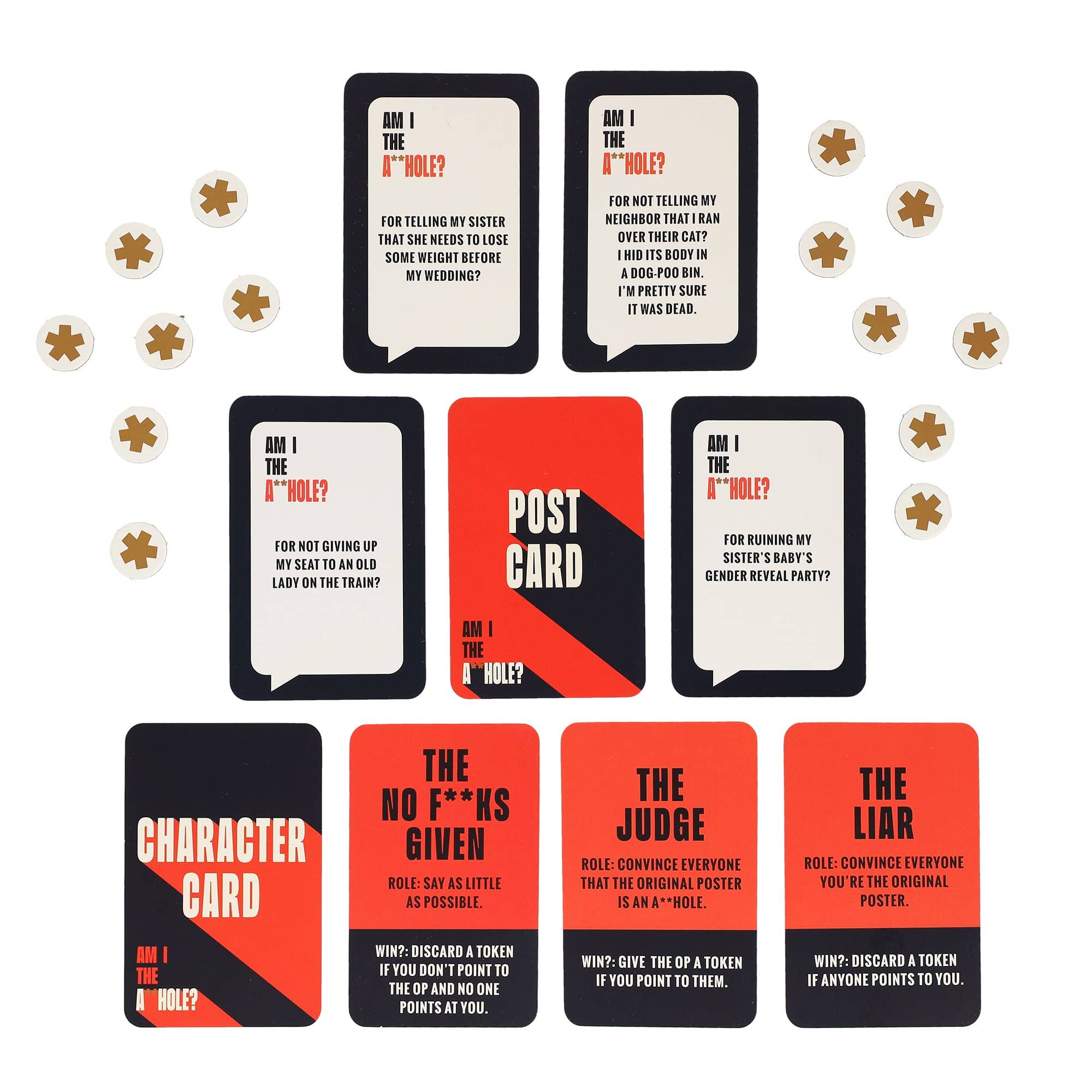 Am I The A**hole? party game cards and tokens on white, featuring social deduction and player role mechanics.