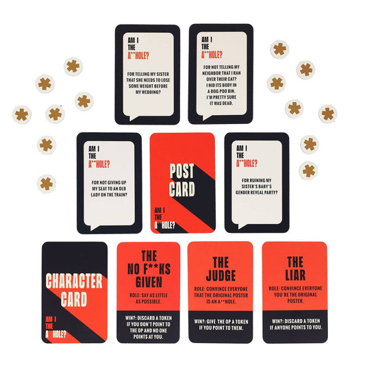 Am I The A**hole? party game cards and tokens on white, featuring social deduction and player role mechanics.