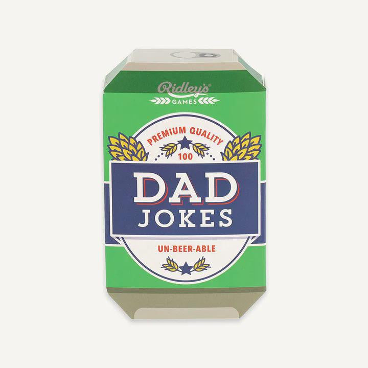 Green and white can labeled 100 Dad Jokes filled with cards.