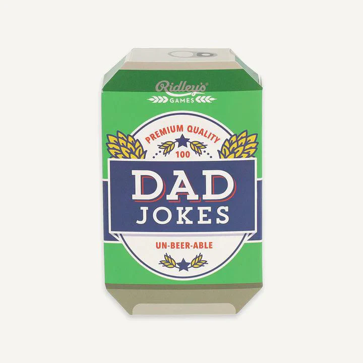 Green can-shaped box labeled 100 Dad Jokes containing joke cards.