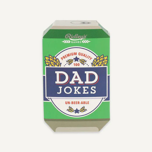 Green can-shaped box labeled 100 Dad Jokes containing joke cards.