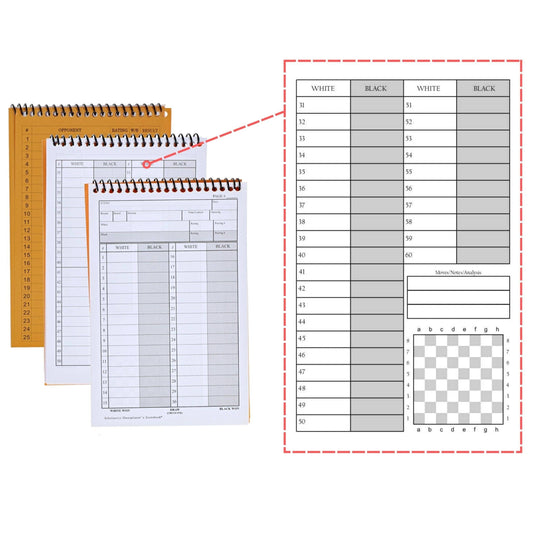 Three WE Games Ultimate Chess Players Scorebooks with notation pads and blank chessboard diagrams.
