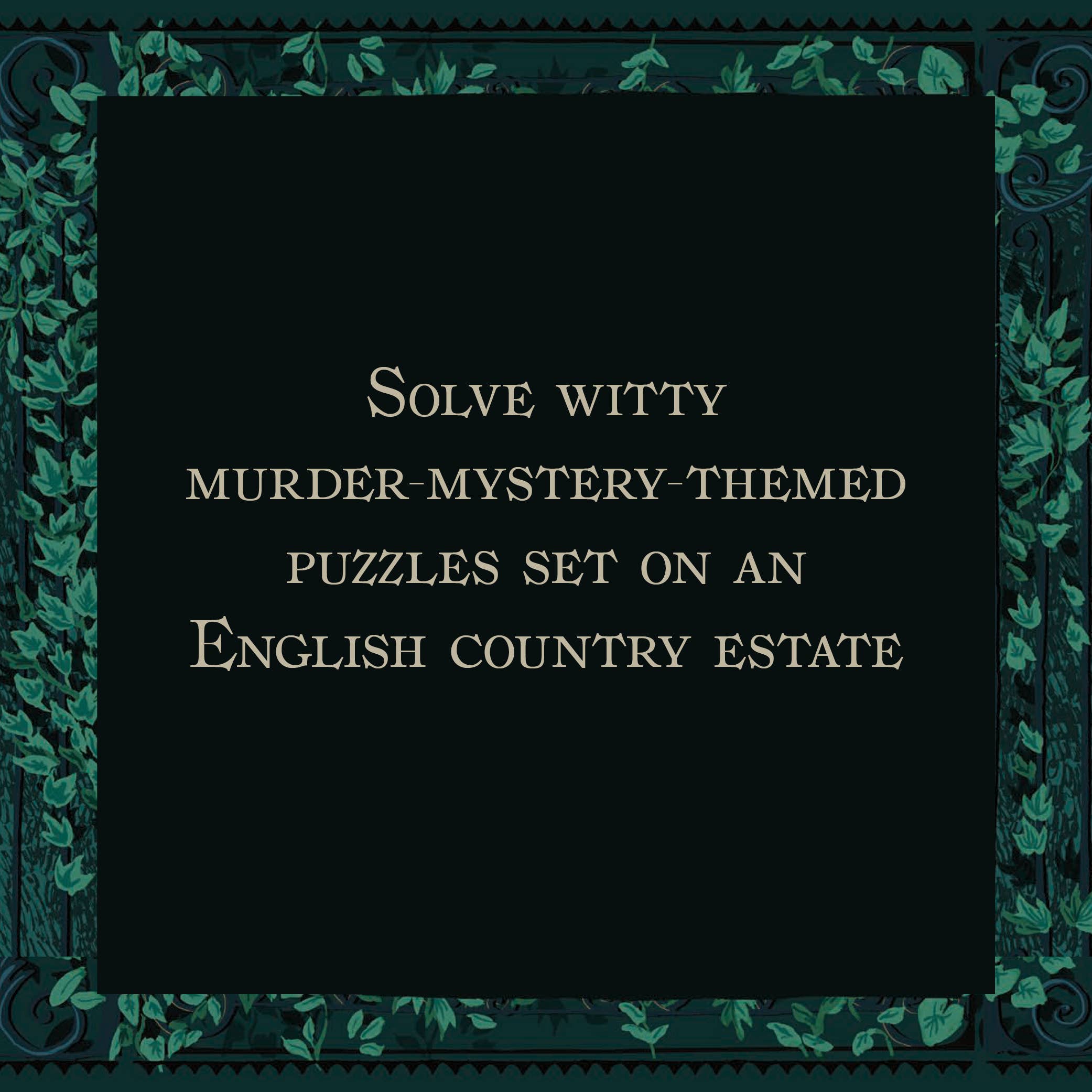 Murder Most Puzzling: Peril at Quandary Park mystery game, set at an English estate. Text on dark background.